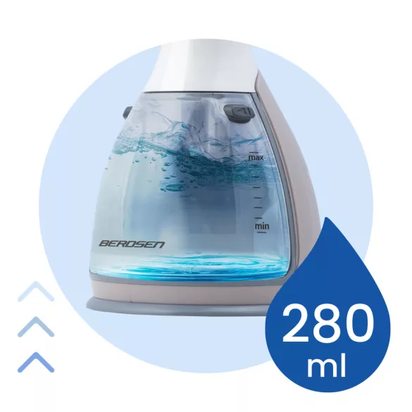 Elektromos ruhagőzölő, Berdsen BD-310, fehér, 1500 W, 280 ml tartály, gőzkibocsátás: 32 g/perc, kefés fej, 1,8 m kábel