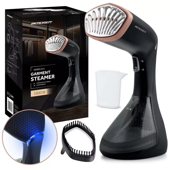 Elektromos ruhagőzölő, Berdsen BD-311, fekete, 1600 W, 230 ml tartály, gőzkibocsátás: 26 g/perc, kefés fej, 2,0 m kábel