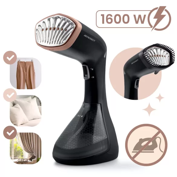 Elektromos ruhagőzölő, Berdsen BD-311, fekete, 1600 W, 230 ml tartály, gőzkibocsátás: 26 g/perc, kefés fej, 2,0 m kábel