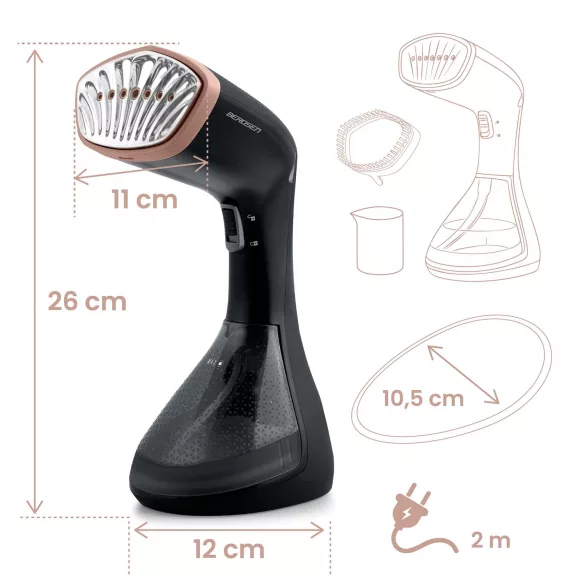 Elektromos ruhagőzölő, Berdsen BD-311, fekete, 1600 W, 230 ml tartály, gőzkibocsátás: 26 g/perc, kefés fej, 2,0 m kábel