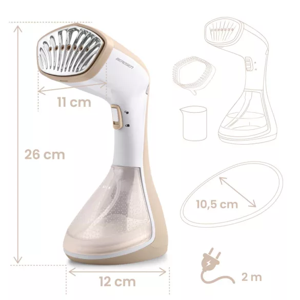 Elektromos ruhagőzölő, Berdsen BD-311, fehér, 1600 W, 230 ml tartály, gőzkibocsátás: 26 g/perc, kefés fej, 2,0 m kábel