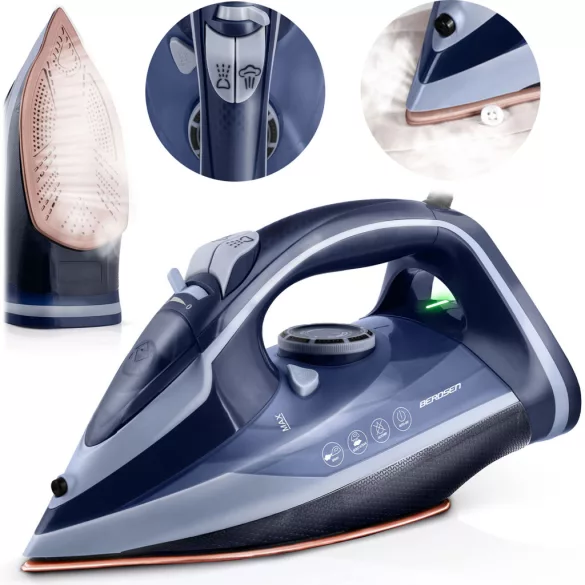 Függőleges gőzvasaló, Berdsen BD-330, kék, 3000 W, kerámia bevonat, 350 ml víztartály, kábelhossz: 2,1 m, függőleges gőzölés funkció