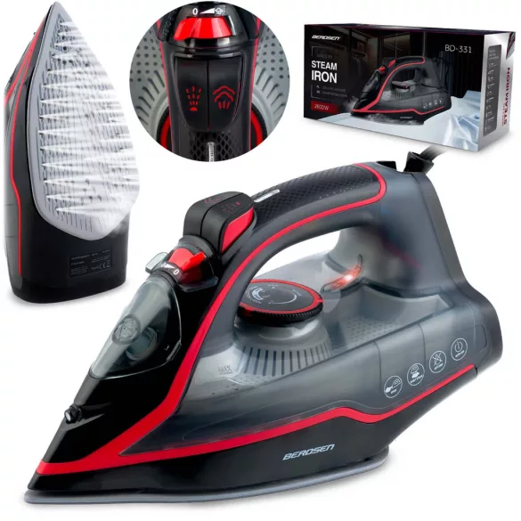 Függőleges gőzvasaló, Berdsen BD-331, fekete/piros, 2600 W, kerámia bevonat, 230 ml víztartály, kábelhossz: 2,1 m, függőleges gőzölés funkció