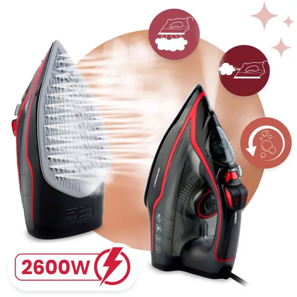 Függőleges gőzvasaló, Berdsen BD-331, fekete/piros, 2600 W, kerámia bevonat, 230 ml víztartály, kábelhossz: 2,1 m, függőleges gőzölés funkció