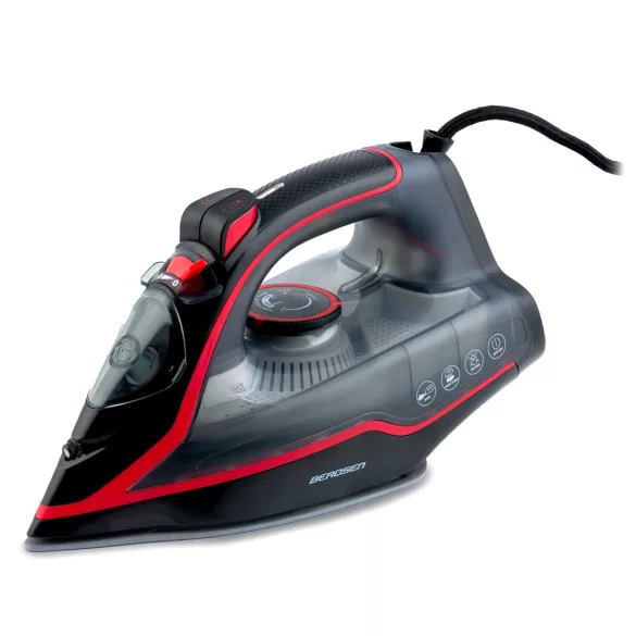 Függőleges gőzvasaló, Berdsen BD-331, fekete/piros, 2600 W, kerámia bevonat, 230 ml víztartály, kábelhossz: 2,1 m, függőleges gőzölés funkció