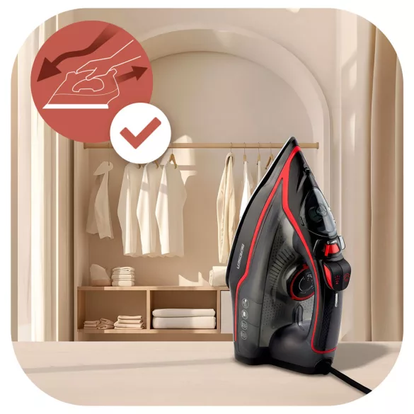 Függőleges gőzvasaló, Berdsen BD-331, fekete/piros, 2600 W, kerámia bevonat, 230 ml víztartály, kábelhossz: 2,1 m, függőleges gőzölés funkció