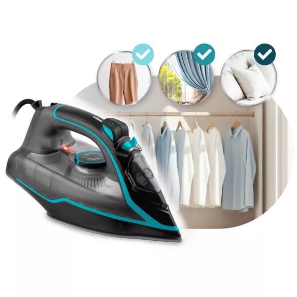 Függőleges gőzvasaló, Berdsen BD-331, fekete/kék, 2600 W, kerámia bevonat, 230 ml víztartály, kábelhossz: 2,1 m, függőleges gőzölés funkció