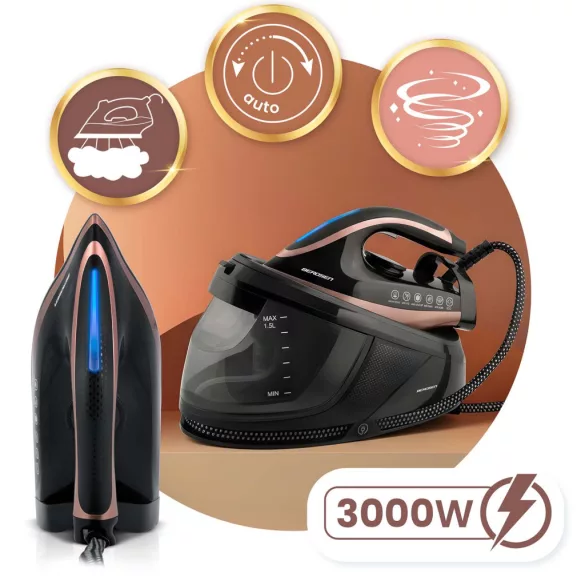 Gőzgenerátoros vasaló, Berdsen BD-334, fekete, 3000 W, kerámia bevonat, 1500 ml víztartály, kábelhossz: 1,58 m, függőleges gőzölés funkció
