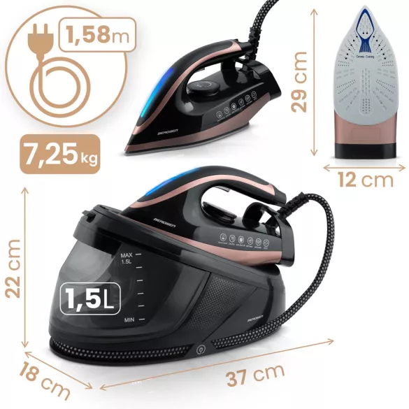 Gőzgenerátoros vasaló, Berdsen BD-334, fekete, 3000 W, kerámia bevonat, 1500 ml víztartály, kábelhossz: 1,58 m, függőleges gőzölés funkció