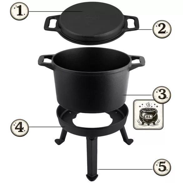 Bogrács szett, Berdsen BD-480, fekete, 8 l, öntöttvas, magasság: 36 cm, háromlábbal, kétoldalas fedél serpenyővel