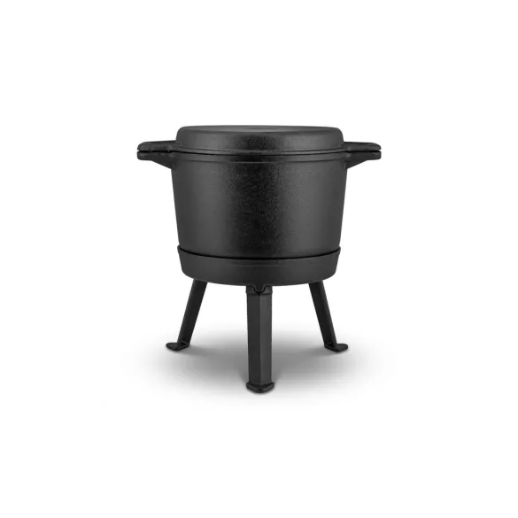 Bogrács szett, Berdsen BD-480, fekete, 8 l, öntöttvas, magasság: 36 cm, háromlábbal, kétoldalas fedél serpenyővel