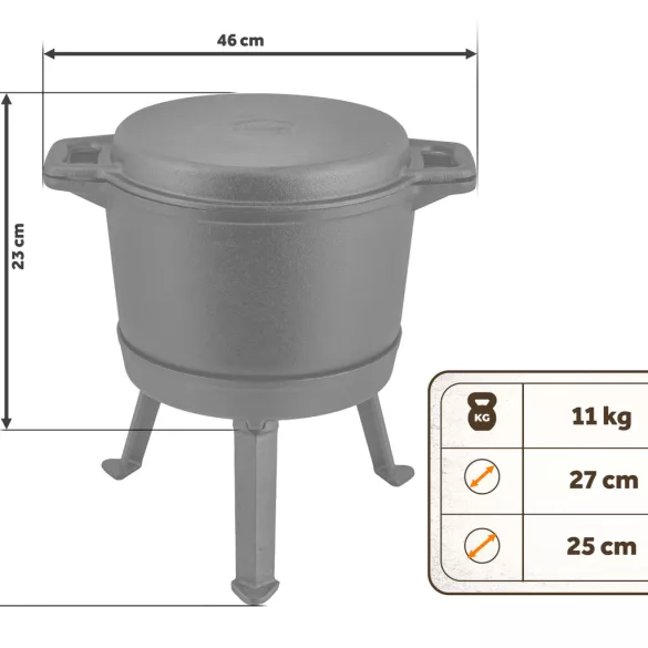 Bogrács szett, Berdsen BD-480, fekete, 8 l, öntöttvas, magasság: 36 cm, háromlábbal, kétoldalas fedél serpenyővel
