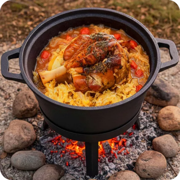 Bogrács szett, Berdsen BD-480, fekete, 8 l, öntöttvas, magasság: 36 cm, háromlábbal, kétoldalas fedél serpenyővel
