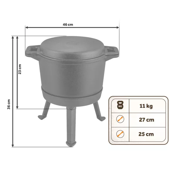 Bogrács szett, Berdsen BD-480, fekete, 8 l, öntöttvas, magasság: 36 cm, háromlábbal, kétoldalas fedél serpenyővel, belül zománcozott