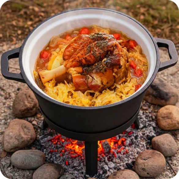 Bogrács szett, Berdsen BD-480, fekete, 8 l, öntöttvas, magasság: 36 cm, háromlábbal, kétoldalas fedél serpenyővel, belül zománcozott