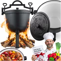   Bogrács szett, Berdsen BD-481, fekete, 8 l, öntöttvas, magasság: 46 cm, háromlábbal, fedél szellőzőnyílással, belül zománcozott
