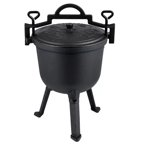Bogrács szett, Berdsen BD-481, fekete, 8 l, öntöttvas, magasság: 46 cm, háromlábbal, fedél szellőzőnyílással, belül zománcozott