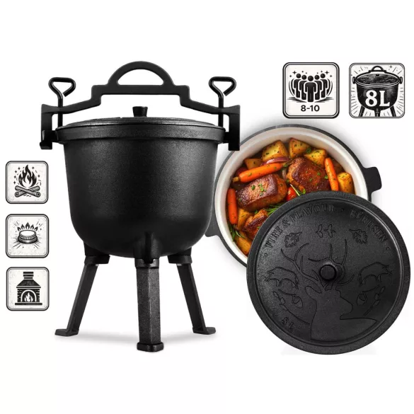 Bogrács szett, Berdsen BD-481, fekete, 8 l, öntöttvas, magasság: 46 cm, háromlábbal, fedél szellőzőnyílással, belül zománcozott