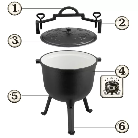 Bogrács szett, Berdsen BD-481, fekete, 8 l, öntöttvas, magasság: 46 cm, háromlábbal, fedél szellőzőnyílással, belül zománcozott