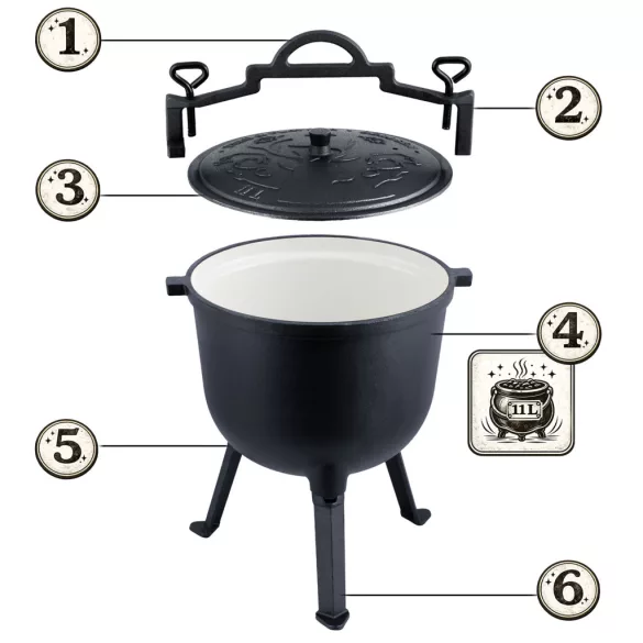 Bogrács szett, Berdsen BD-481, fekete, 11 l, öntöttvas, magasság: 48 cm, háromlábbal, fedél szellőzőnyílással, belül zománcozott