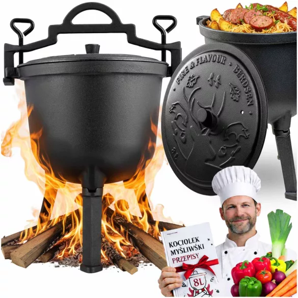 Bogrács szett, Berdsen BD-482, fekete, 8 l, öntöttvas, magasság: 46 cm, háromlábbal, fedél szellőzőnyílással