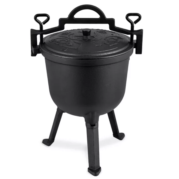 Bogrács szett, Berdsen BD-482, fekete, 8 l, öntöttvas, magasság: 46 cm, háromlábbal, fedél szellőzőnyílással