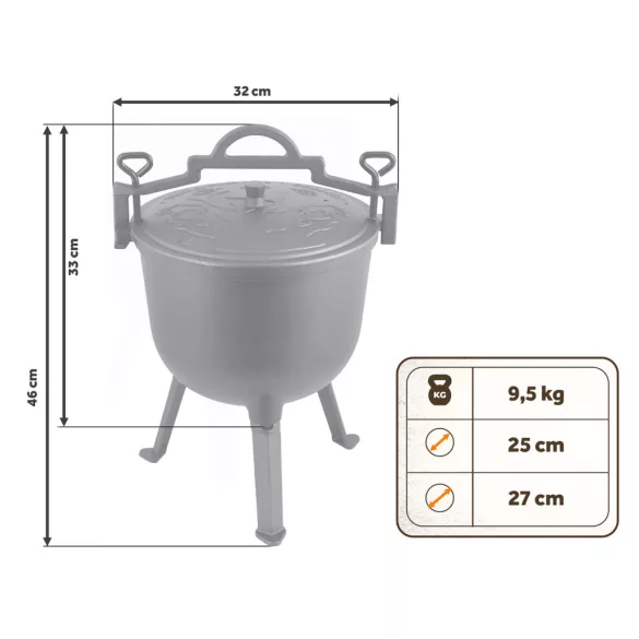 Bogrács szett, Berdsen BD-482, fekete, 8 l, öntöttvas, magasság: 46 cm, háromlábbal, fedél szellőzőnyílással