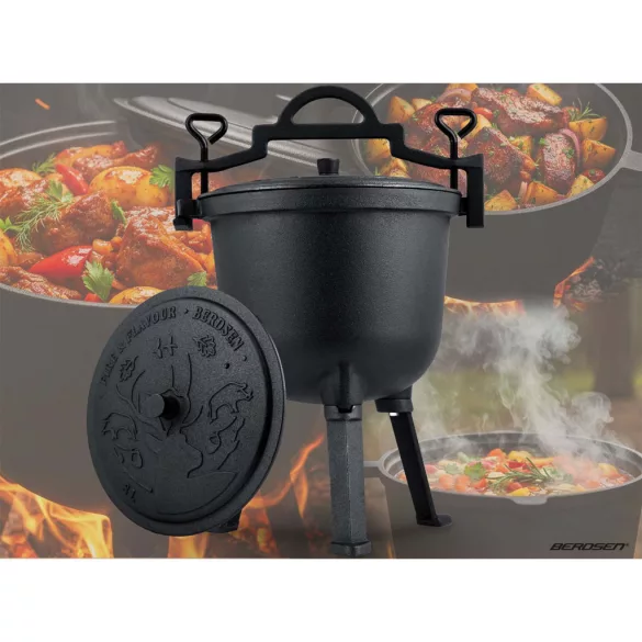 Bogrács szett, Berdsen BD-482, fekete, 8 l, öntöttvas, magasság: 46 cm, háromlábbal, fedél szellőzőnyílással