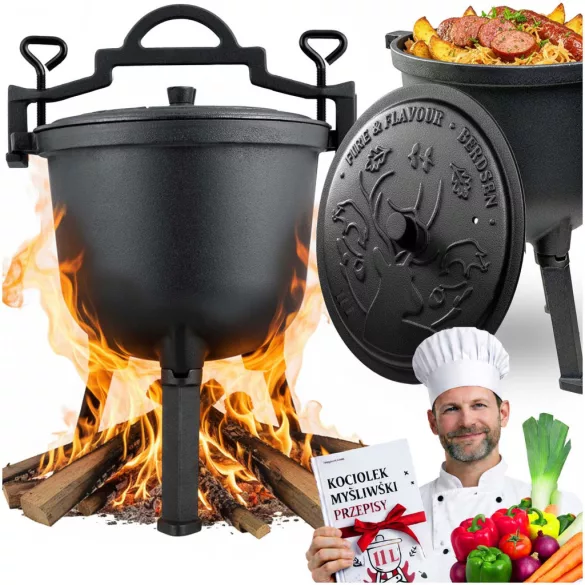 Bogrács szett, Berdsen BD-482, fekete, 11 l, öntöttvas, magasság: 48 cm, háromlábbal, fedél szellőzőnyílással