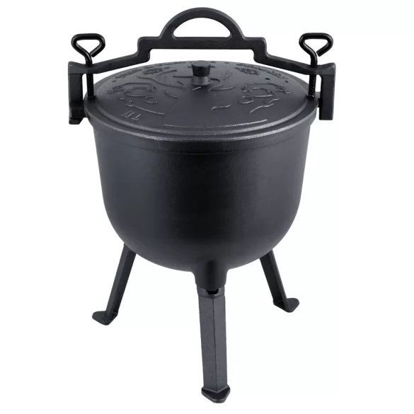 Bogrács szett, Berdsen BD-482, fekete, 11 l, öntöttvas, magasság: 48 cm, háromlábbal, fedél szellőzőnyílással