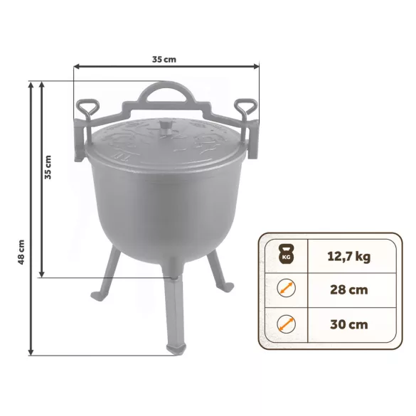 Bogrács szett, Berdsen BD-482, fekete, 11 l, öntöttvas, magasság: 48 cm, háromlábbal, fedél szellőzőnyílással