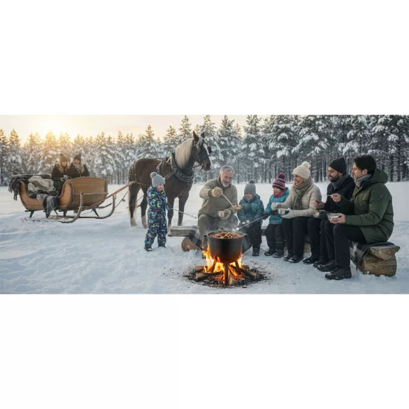 Bogrács szett, Berdsen BD-482, fekete, 11 l, öntöttvas, magasság: 48 cm, háromlábbal, fedél szellőzőnyílással