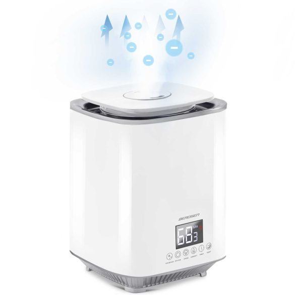 Párásító, Berdsen BD-502, fehér, 2600 ml tartály, ultrahangos, ionizátorral, aromaterápiás, hidegpárás, higrosztát, automatikus kikapcsolás, időzítő 1-9 h, 250 ml/h