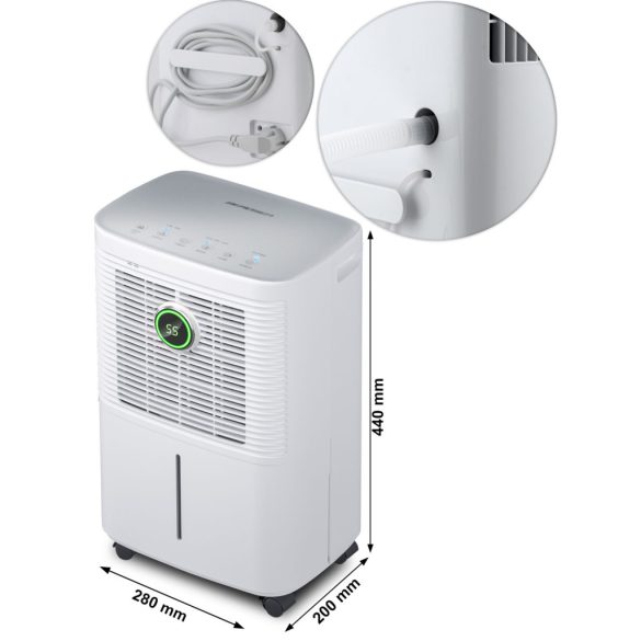 Páramentesítő, Berdsen BD-525, fehér, 1600 ml tartály, 12 l/24 h, fehér, kompresszoros, higrosztátos, kijelző és érintőpanel, folyamatos vízelvezetés, 24 h időzítő, 40,5 dB, gyerekzár, 240 W