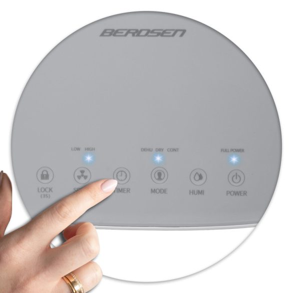 Páramentesítő, Berdsen BD-525, fehér, 1600 ml tartály, 12 l/24 h, fehér, kompresszoros, higrosztátos, kijelző és érintőpanel, folyamatos vízelvezetés, 24 h időzítő, 40,5 dB, gyerekzár, 240 W