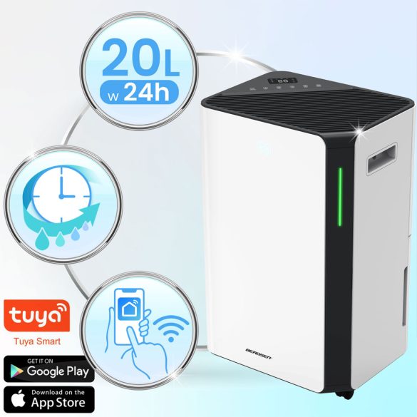 Páramentesítő, Berdsen BD-532, fehér, 4600 ml tartály, 20 l/24h, kompresszoros, 330 W, 41 dB, Wi-Fi, Tuya alkalmazás, időzítő, éjszakai mód, gyerekzár