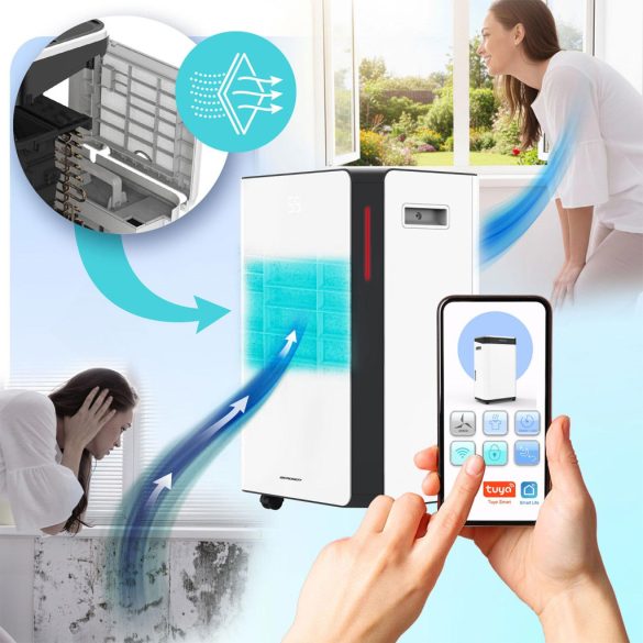 Páramentesítő, Berdsen BD-532, fehér, 4600 ml tartály, 20 l/24h, kompresszoros, 330 W, 41 dB, Wi-Fi, Tuya alkalmazás, időzítő, éjszakai mód, gyerekzár