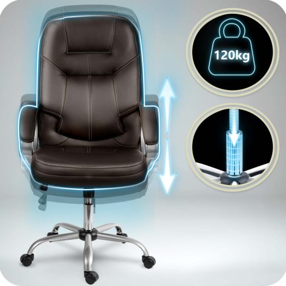 Irodai szék, Sofotel 355, sötétbarna, 109–116 cm, bőr kárpit, ergonomikus, dönthető, állítható magasság, gumírozott kerekek, 120 kg teherbírás