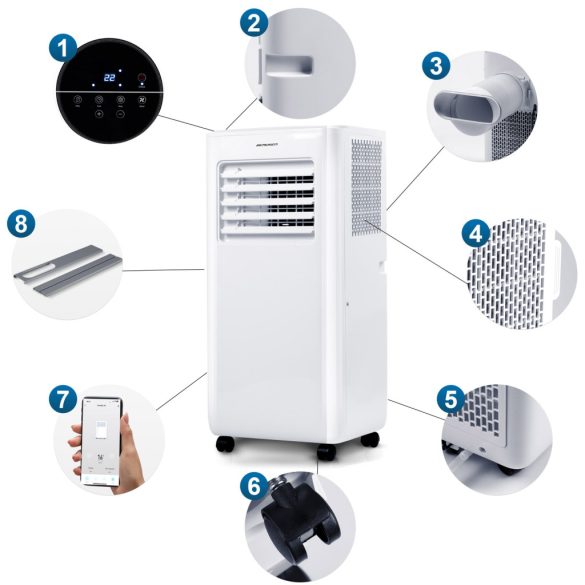 Mobil légkondicionáló, Berdsen, BD-580, fehér, 2900 W, 270 m3/óra, 33 × 28 × 70 cm, Wi-Fi okosvezérlés (Tuya Smart), hűt, párátlanít, ventilál, R290 hűtőközeg + 359900 ablaktömítő készlet