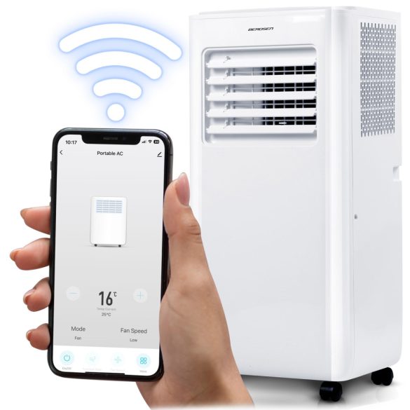 Mobil légkondicionáló, Berdsen, BD-580, fehér, 2900 W, 270 m3/óra, 33 × 28 × 70 cm, Wi-Fi okosvezérlés (Tuya Smart), hűt, párátlanít, ventilál, R290 hűtőközeg