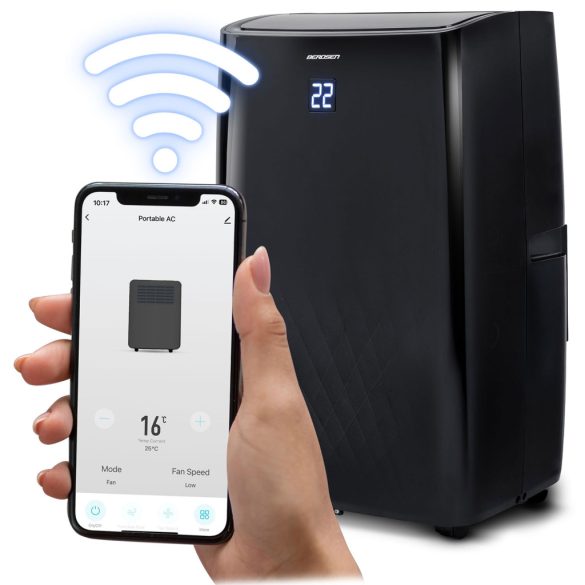Mobil légkondicionáló, Berdsen, BD-581, fekete, 4000 W, 400 m3/óra, 41 × 31 × 70 cm, Wi-Fi okosvezérlés (Tuya Smart), hűt, párátlanít, ventilál, R290 hűtőközeg