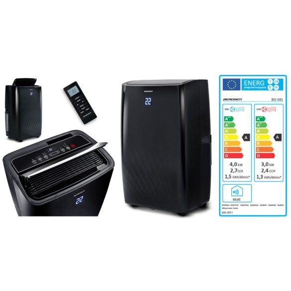 Mobil légkondicionáló, Berdsen, BD-581, fekete, 4000 W, 400 m3/óra, 41 × 31 × 70 cm, Wi-Fi okosvezérlés (Tuya Smart), hűt, párátlanít, ventilál, R290 hűtőközeg