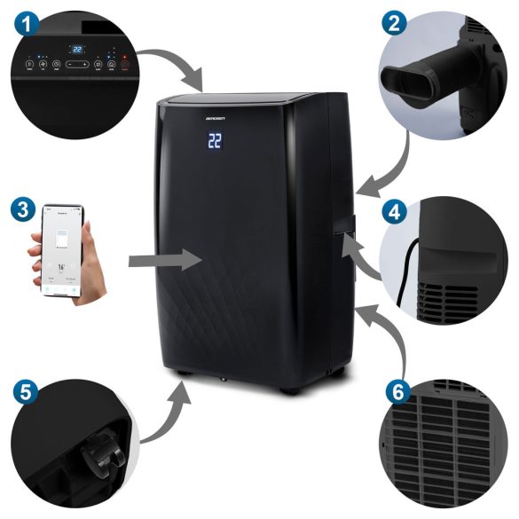 Mobil légkondicionáló, Berdsen, BD-581, fekete, 4000 W, 400 m3/óra, 41 × 31 × 70 cm, Wi-Fi okosvezérlés (Tuya Smart), hűt, párátlanít, ventilál, R290 hűtőközeg