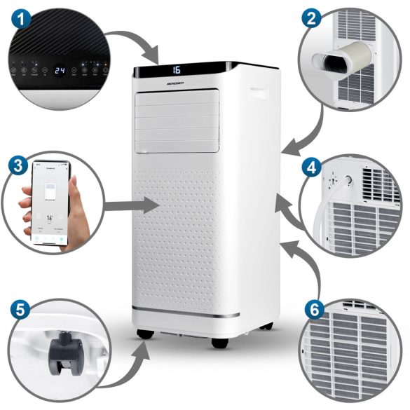 Mobil légkondicionáló, Berdsen, BD-583, fehér, 2600 W, 330 m3/óra, 31 × 32 × 70 cm, Wi-Fi okosvezérlés (Tuya Smart), hűt, párátlanít, ventilál, R290 hűtőközeg