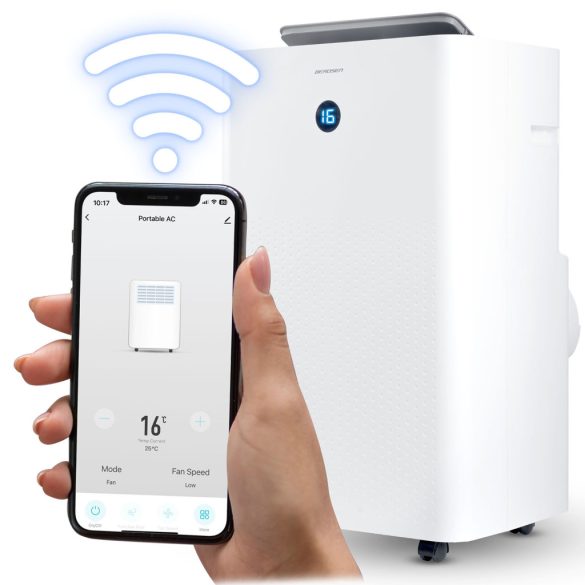 Mobil légkondicionáló, Berdsen, BD-584, fehér, 4100 W, 390 m3/óra, Wi-Fi okosvezérlés (Tuya Smart), hűt, párátlanít, ventilál, R290 hűtőközeg