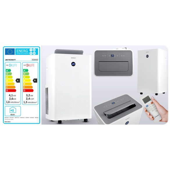 Mobil légkondicionáló, Berdsen, BD-584, fehér, 4100 W, 390 m3/óra, Wi-Fi okosvezérlés (Tuya Smart), hűt, párátlanít, ventilál, R290 hűtőközeg