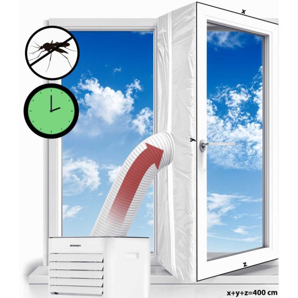 Ablaktömítő készlet mobilklímához, Berdsen, fehér, 400 cm, cipzáras, tépőzáras, vízálló, UV-álló, rovarvédelem, műanyag