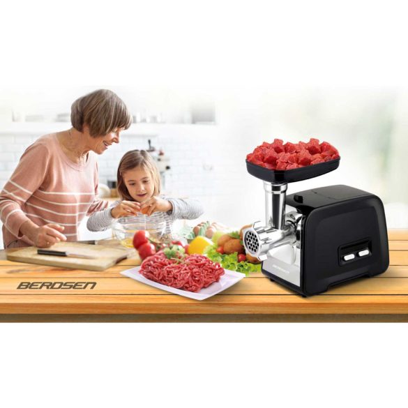 Berdsen BD-601A húsdaráló, 450/1200 W, ezüst/fekete, rozsdamentes acél kés és tárcsa, visszaforgató funkció, csúszásmentes talp