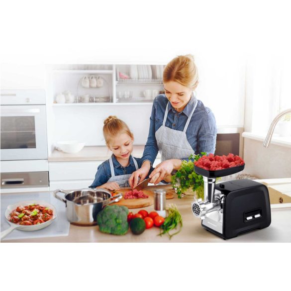 Berdsen BD-601A húsdaráló, 450/1200 W, ezüst/fekete, rozsdamentes acél kés és tárcsa, visszaforgató funkció, csúszásmentes talp