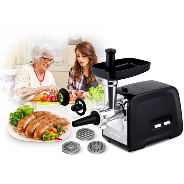 Berdsen BD-601A húsdaráló, 450/1200 W, ezüst/fekete, rozsdamentes acél kés és tárcsa, visszaforgató funkció, csúszásmentes talp